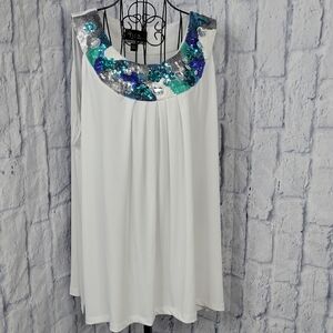 White Sleeveless Tank Top with Sequined Aqua & Blue Neckline